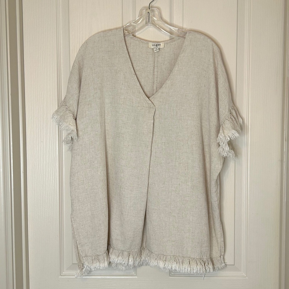 umgee USA Linen Blend Fringed V Neck Top Beige M‎